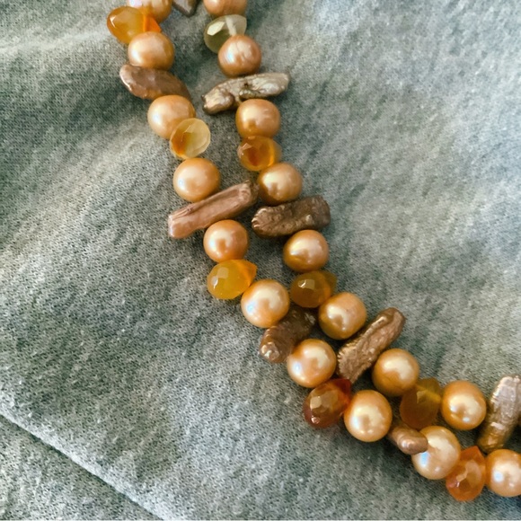 Amber Agate Biwa Pearl Sterling Double Layered Choker Necklace OOAK Handmade - Picture 13 of 16